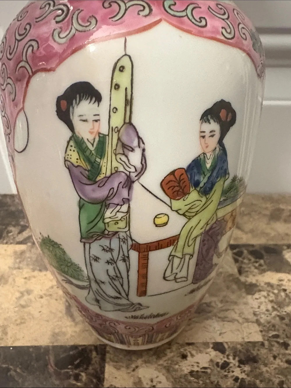 Vintage Porcelain Decorative Vase in Pink and Green